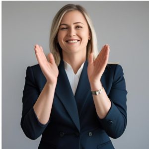 Una mujer líder de PYME, sonriente y segura, proyectando confianza en una reunión. La imagen evoca autenticidad, autoestima y poder personal, con una actitud de seguridad y fortaleza. 