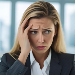 Una mujer líder de negocios meditando tranquilamente en su oficina, con una representación visual de ondas cerebrales armoniosas. La imagen evoca calma, bienestar emocional y salud mental. 