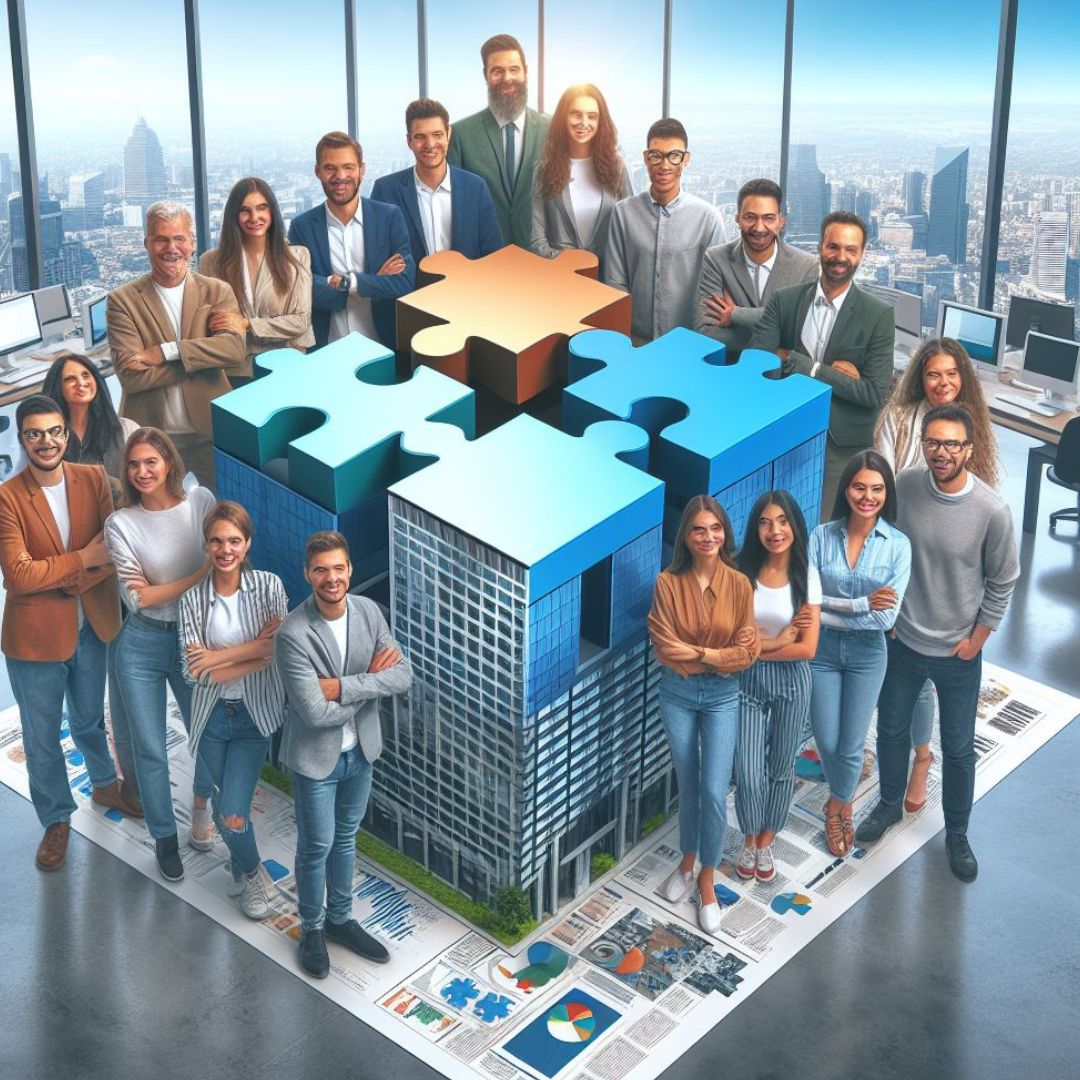 Una mujer líder de PYME en el centro de un equipo entusiasmado, con una mirada hacia el futuro. La imagen evoca propósito, visión y liderazgo inspirador. 