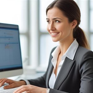 Una mujer líder de PYME en un entorno de trabajo dinámico pero con una expresión de calma, tomando una respiración profunda. La imagen evoca el control sobre el estrés y la resiliencia mental.
